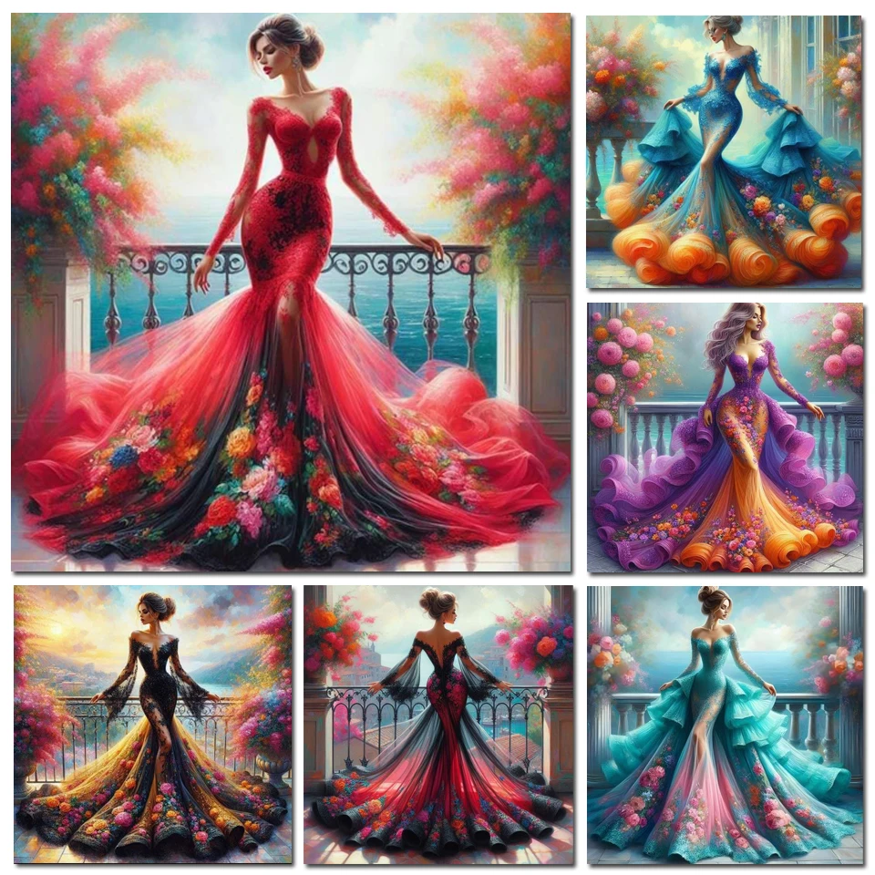 Photo Mosaic Print - DIYダイヤモンドペイントアート。美しいドレスを着た女性のモチーフ。全面モザイクダイヤモンド刺繍、風景クロスステッチセット。インテリア装飾に。